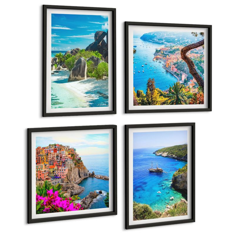 Czteroczęściowy Zestaw Obrazów ArtPrintCave (2x50x50+2x40x60cm) Czarna rama Nadmorskie palmy błękit woda 1 kpl.