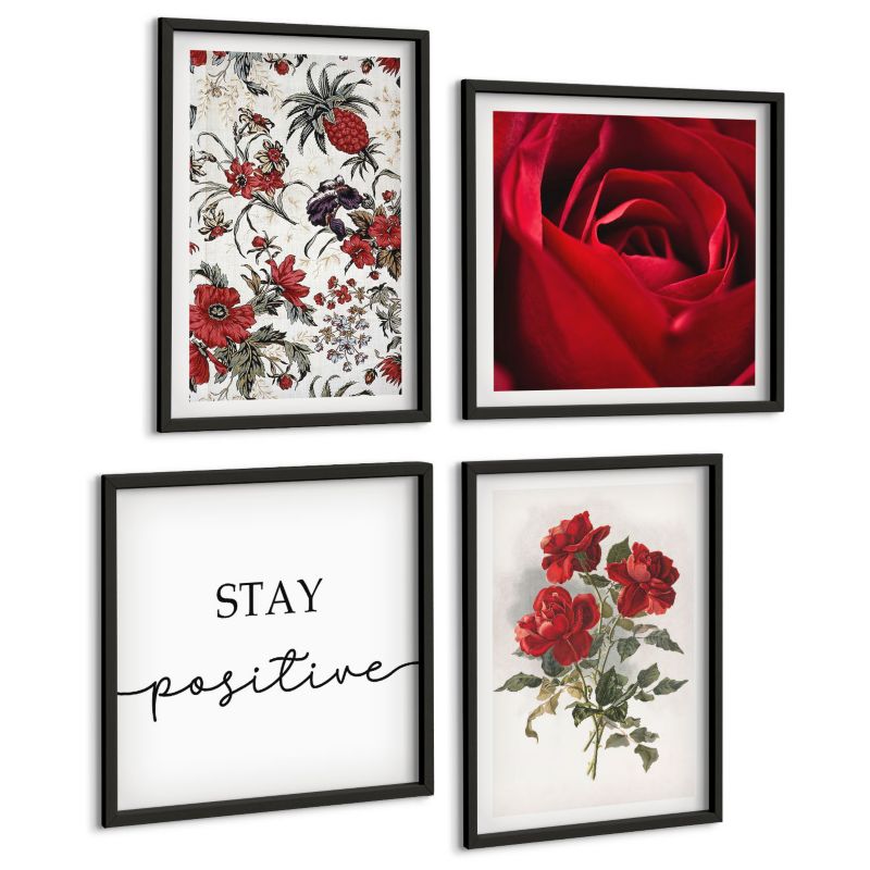 Zestaw Obrazów 4 Częściowy ArtPrintCave (2x50x50+2x40x60cm) Czarna rama Czerwone róże kwiaty napis 1 kpl.