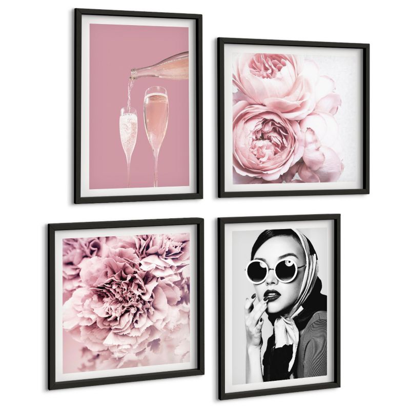 Galeria 4 Obrazów ArtPrintCave (2x50x50+2x40x60cm) Czarna rama Kwiaty piwonie róże elegancja 1 kpl.