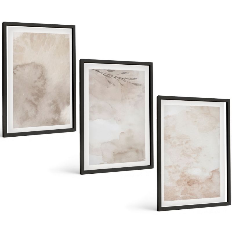 Galeria 3 Obrazów w Czarnej Ramie ArtPrintCave 40x60 cm Komplet ścienny Rozlane akwarelowe farby boho 1 kpl.