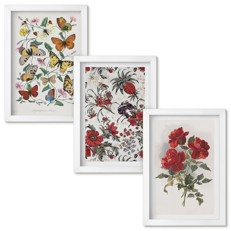 Set Obrazów w Ramie Wallfluent Motyle kwiaty czerwone róże Biała rama 20x30cm 3 szt.