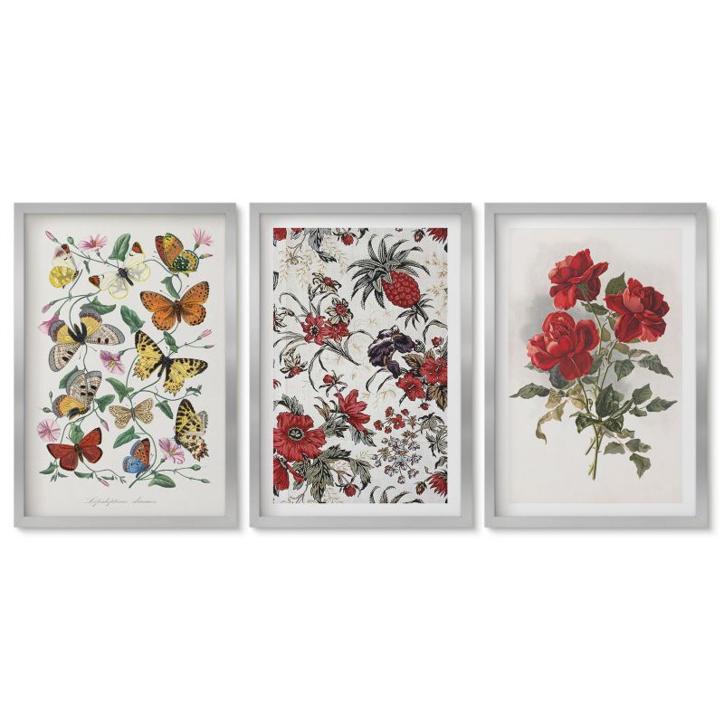 Zestaw 3 obrazów w srebrnych ramach Tulup 40x60 cm Motyle kwiaty czerwone róże Dekoracja ścienna do przedpokoju 1 kpl