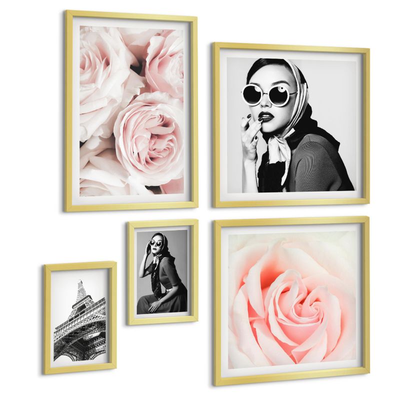 Galeria 5 Obrazów ArtPrintCave (2x50x50+2x20x30+40x60cm) Złota rama Kwiaty piwonie róże elegancja 1 kpl.