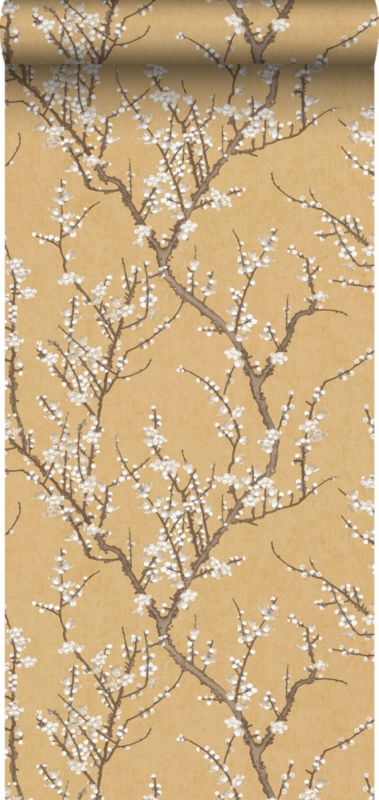 Tapeta Sanders & Sanders kwitnąca gałąź ochry żółtejIbiałym 53 cm x 10 m - 1 rol.