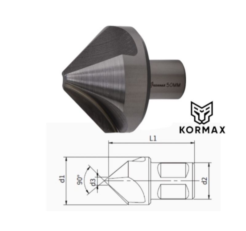 Pogłębiacz stożkowy do metalu Kormax 50,0mm 90 stopni 3-ostrza HSS na uchwyt Weldon (C10-NXL-0500) 1 szt.