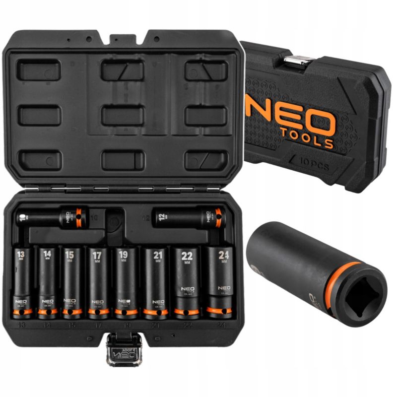 Nasadki udarowe NEO TOOLS 1/2", 10-24 mm, zestaw 10 szt., CrMo 1 kpl