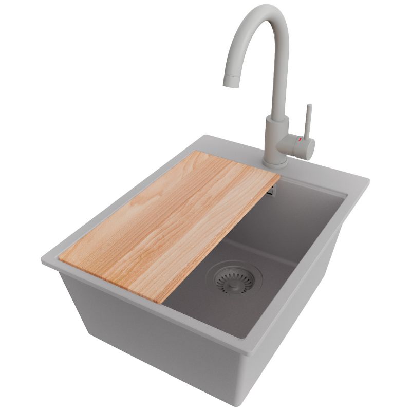 Zlewozmywak Granitowy Oslo Top PRIMAGRAN Nablatowy 38x50cm do Szafki od 40cm, Cały Szary + Bateria + Syfon + Deska, S088, 1 szt.
