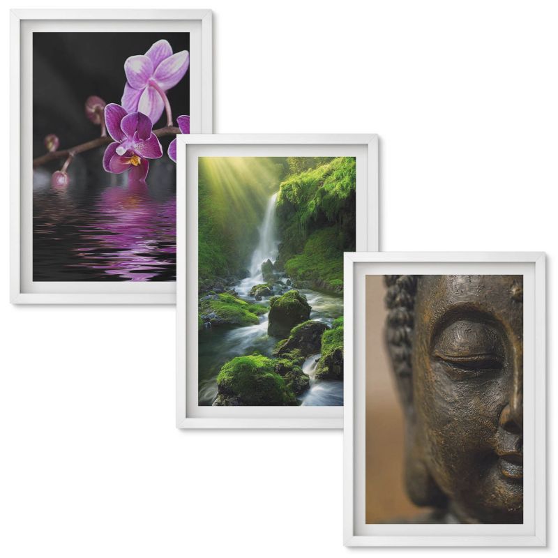 Obraz Ścienny Zestaw Wallfluent Kwiaty wodospad Budda skały Zen Biała rama 40x60 cm 3 szt.