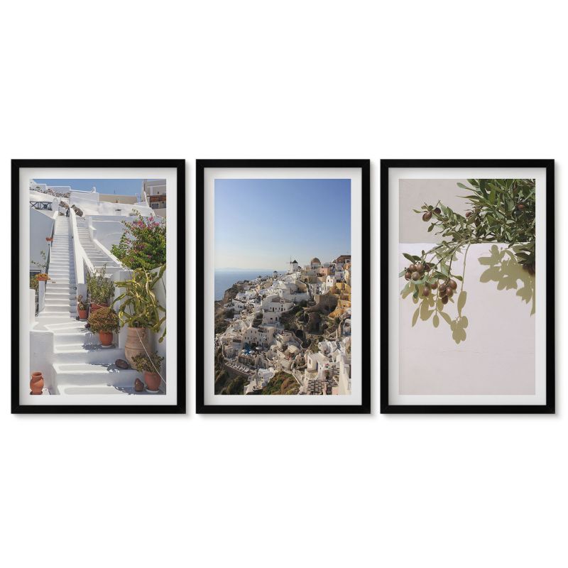 Zestaw 3 obrazów w czarnych ramach Tulup 40x60 cm Białe schody Santorini widok Stylowa galeria nad biurko 1 kpl