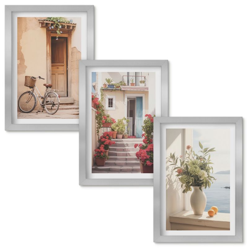 Tryptyk w Ramie Wallfluent Urokliwe nadmorskie uliczki Srebrna rama 20x30cm 3 szt.