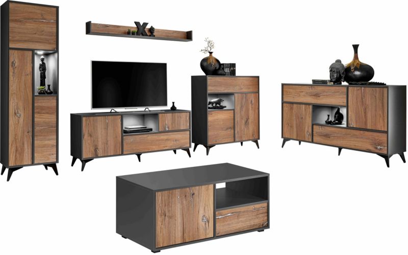 Zestaw Mebli Meblościanka Pan Igiełka Dąb Bijoux Antracyt LED Loft 6 Elementów Salon 1 szt