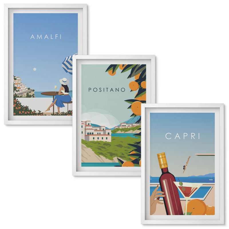 Obraz Ścienny Zestaw Wallfluent Amalfi Positano i Capri Biała rama 40x60 cm 3 szt.