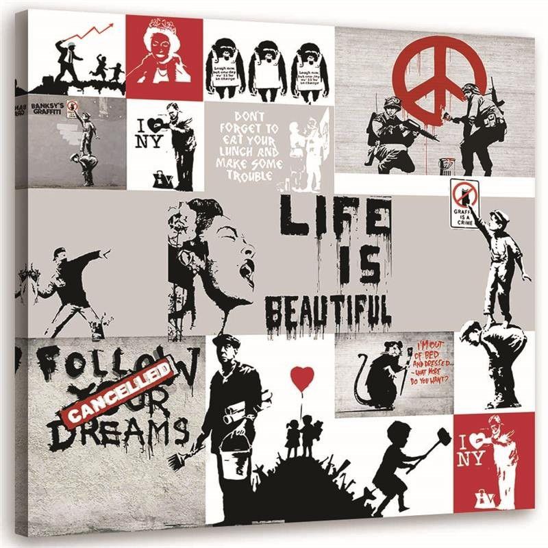 Obraz na płótnie Feeby Mural Banksy - kolaż prac Street Art artysty 20x20cm 1szt