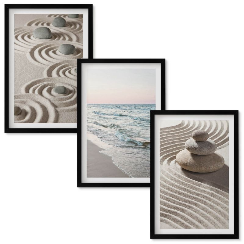 Obrazy do Salonu Wallfluent Fale piasku wody kamienie plaża Czarna rama 40x60 cm 3 szt.