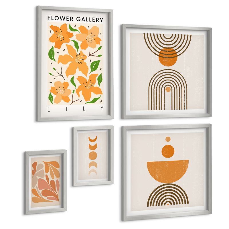 Pięcioczęściowy Zestaw Obrazów ArtPrintCave (2x50x50+2x20x30+40x60cm) Srebrna rama Abstrakcyjne kształty pomarańczowe 1 kpl.