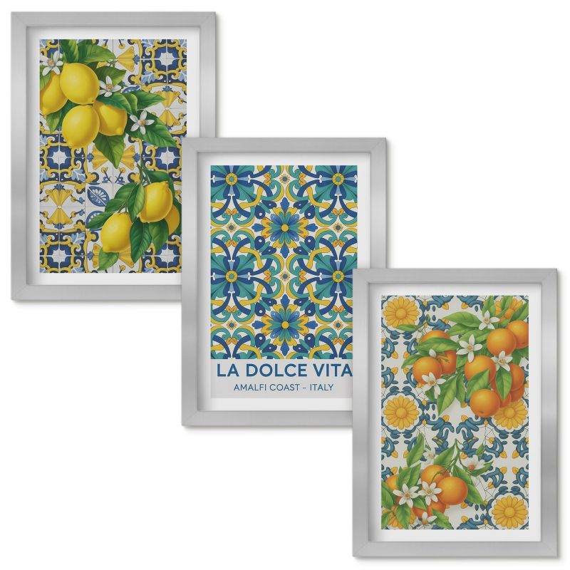 Tryptyk Obrazów w Ramie Wallfluent Cytryny kwiaty pomarańcze Italia Srebrna rama 20x30cm 3 szt.