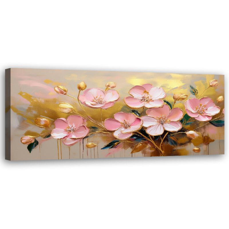 Obraz do salonu sypialni Feeby Kwiaty Różowe Rośliny Złoty 90x30 cm 1 szt