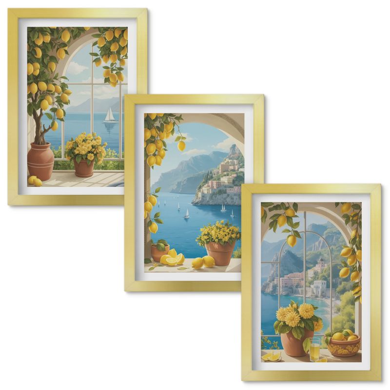 Set Obrazów w Ramie Wallfluent Krajobrazy morza cytryny okna Złota rama 20x30cm 3 szt.