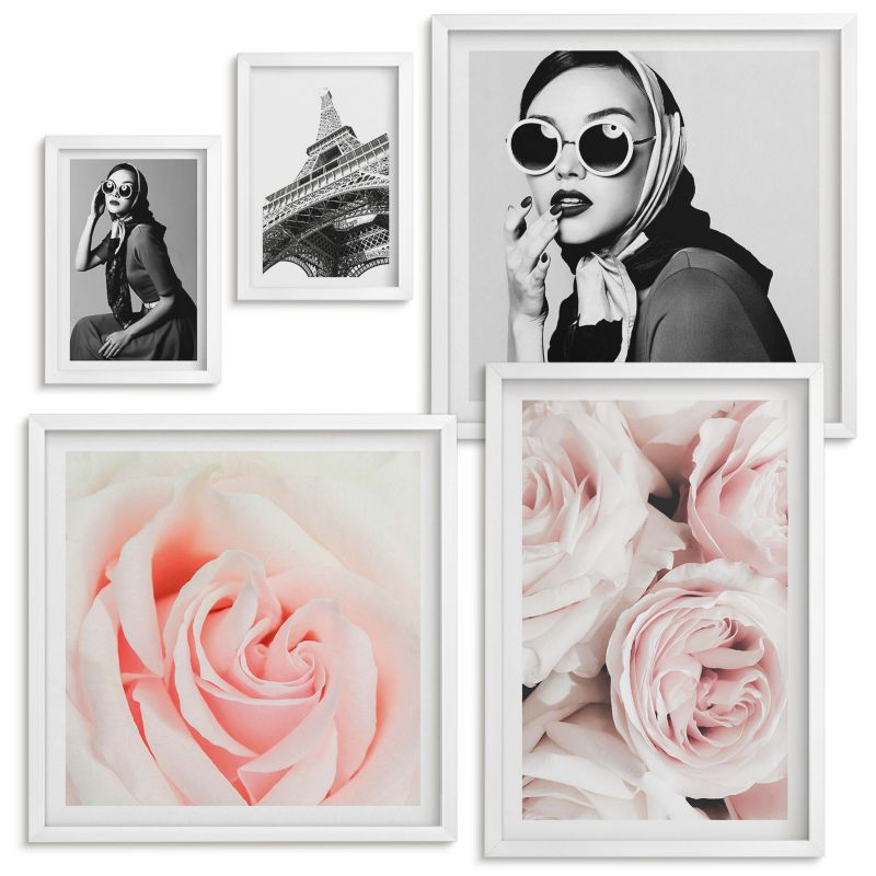 Galeria Obrazów Na Ścianę Wallfluent Kwiaty piwonie róże elegancja Biała rama 5 szt.