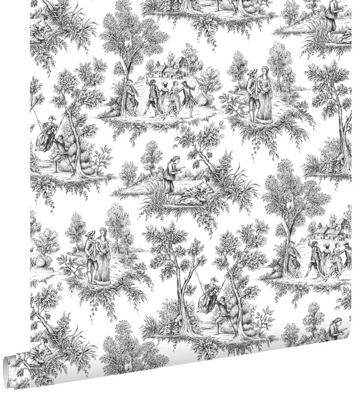 Tapeta ESTAhome nadruk toile de jouy czarnym 53 cm x 10.05 m - 1 rol.