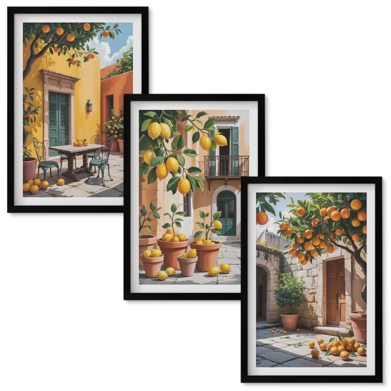 Obrazy Do Sypialni Wallfluent Owoce cytrusowe w ogrodzie Czarna rama 40x60 cm 3 szt.