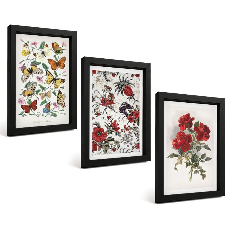 Zestaw Obrazów 3 Częściowy ArtPrintCave Czarne Ramki 20x30 cm Dekoracja do Sypialni Motyle kwiaty czerwone róże 1 kpl.