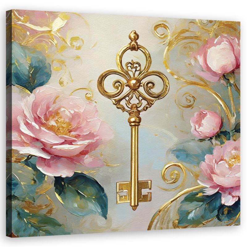 Obraz do salonu sypialni Feeby Różowe Kwiaty Róże Klucz Złoto Glamour 60x60cm 1szt