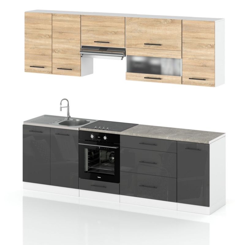 Zestaw Kuchenny Hurtownia-Mebli Z Blatem Kuchnia Marocco 260cm Biały Mat Dąb Sonoma/Szary Połysk 260x52x157 cm 1szt.