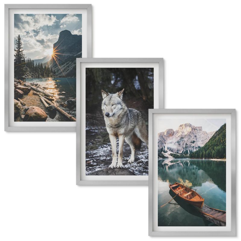Zestaw obrazów Wallfluent Góry jeziora wilk natura Srebrna rama 40x60 cm 3 szt.