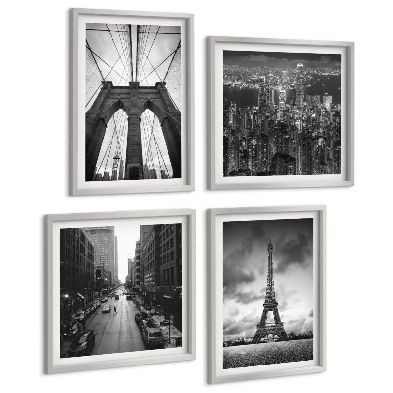 Czteroczęściowy Zestaw Obrazów ArtPrintCave (2x50x50+2x40x60cm) Srebrna rama Wieże mosty monochromatyczne 1 kpl.