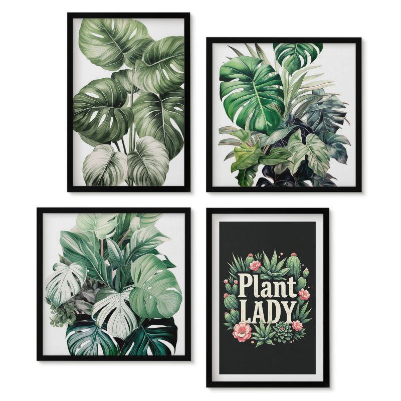 Cztery obrazy w czarnej ramie zestaw Tulup Rośliny tropikalne Plant Lady Kompletna galeria nad łóżko 1 kpl