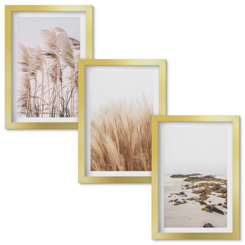 Zestaw Obrazów w Ramie Wallfluent Pola pampas traw i plaża boho Złota rama 20x30cm 3 szt.