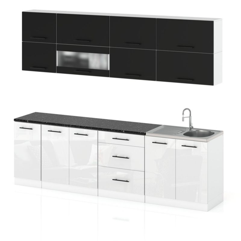 Zestaw Kuchenny Hurtownia-Mebli Z Blatem Kuchnia Robo Lux 260cm Biały Mat Czarny Mat/Biały Połysk 260x52x157 cm 1szt.