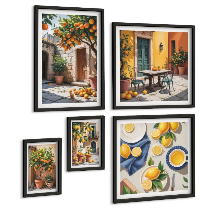 Zestaw 5 Obrazów ArtPrintCave (2x50x50+2x20x30+40x60cm) Czarna rama Ogród cytrusów w słońcu 1 kpl.