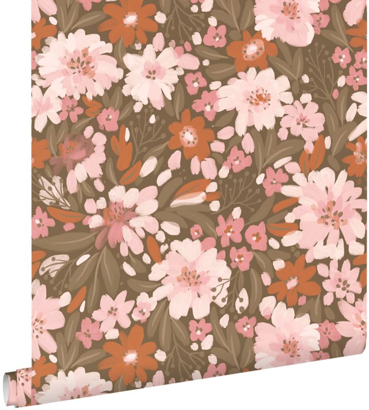 Tapeta ESTAhome kwiaty jasnego różu,terakotaIszaro zielonym 50 x 900 cm - 1 rol.