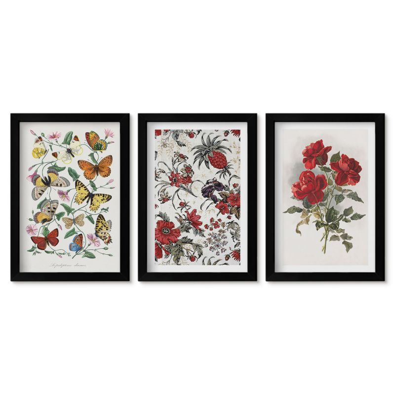 Zestaw 3 obrazów w czarnych ramach Tulup 20x30 cm Motyle kwiaty czerwone róże Dekoracja ścienna do przedpokoju 1 kpl