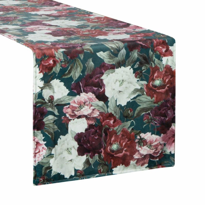 Bieżnik VELVET/2 Eurofirany 35 x 180 cm zielono, bordowy welwetowy z nadrukiem barwnych kwiatów 1 szt.