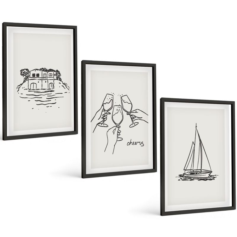 Trzyczęściowy Zestaw Obrazów ArtPrintCave 40x60 cm Czarna rama Dom nad wodą żaglówka toast 1 kpl.
