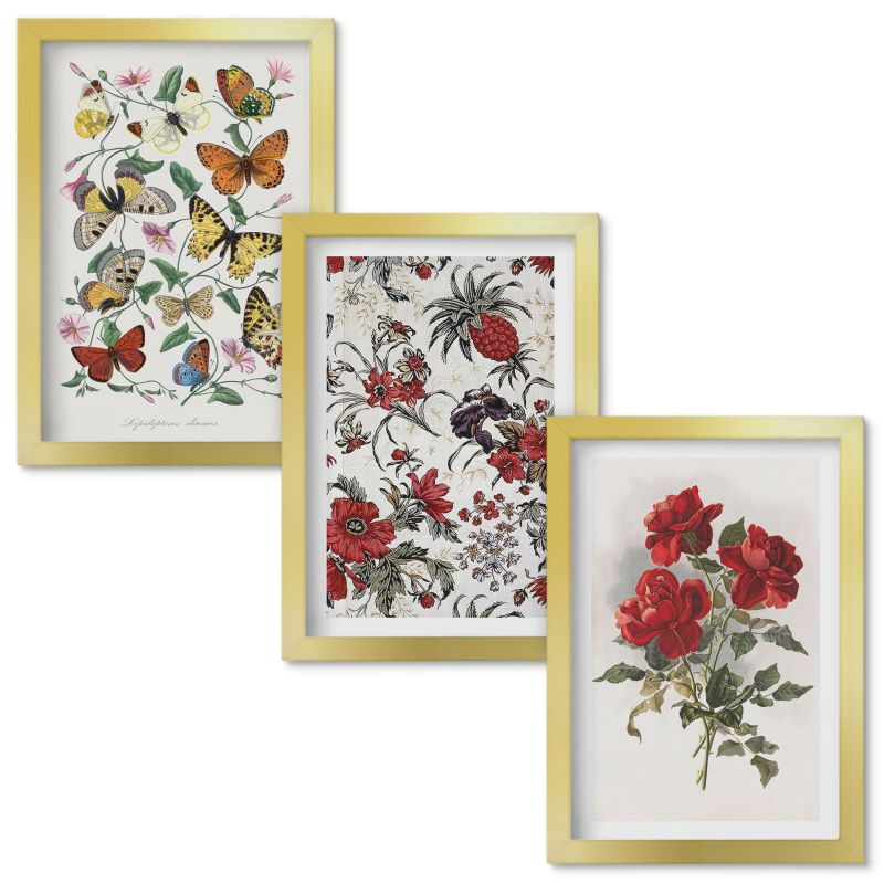 Set Obrazów w Ramie Wallfluent Motyle kwiaty czerwone róże Złota rama 20x30cm 3 szt.