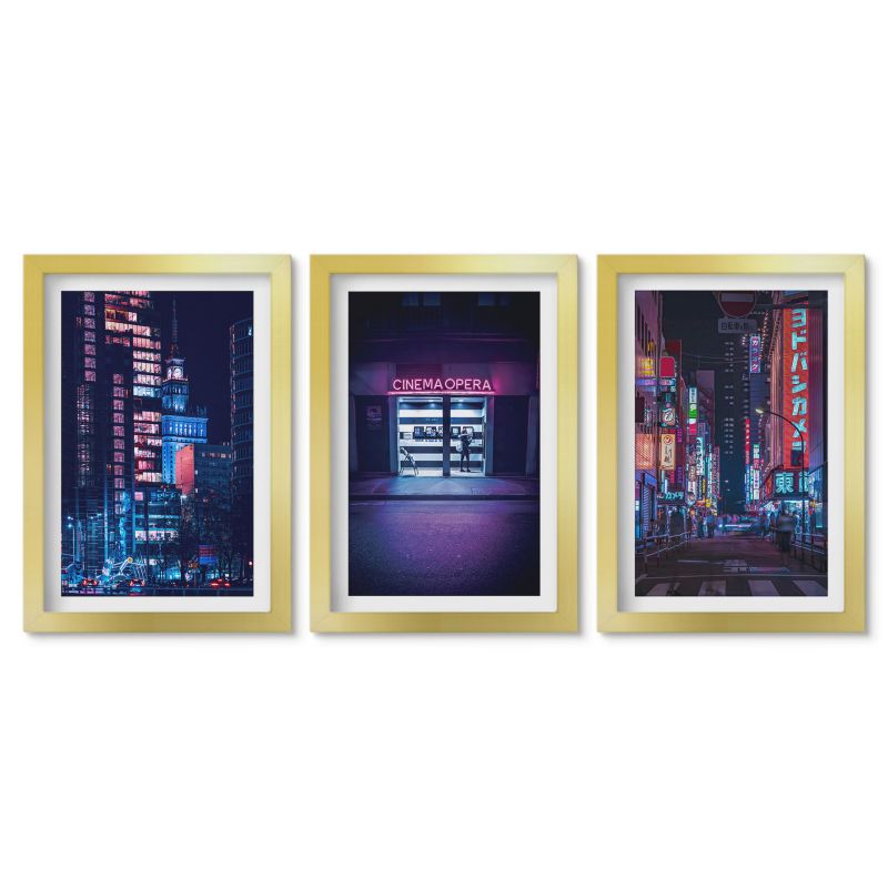 Zestaw 3 obrazów w złotych ramach Tulup 20x30 cm Nocne miasto neonowe wejście Obrazy w złotej ramie 1 kpl