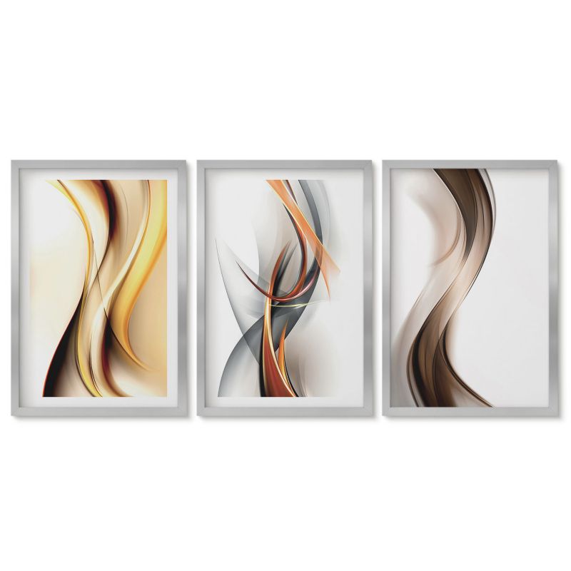 Zestaw 3 obrazów w srebrnej ramie Tulup 40x60 cm Fale żółte szaro brązowe Tryptyk 1 kpl