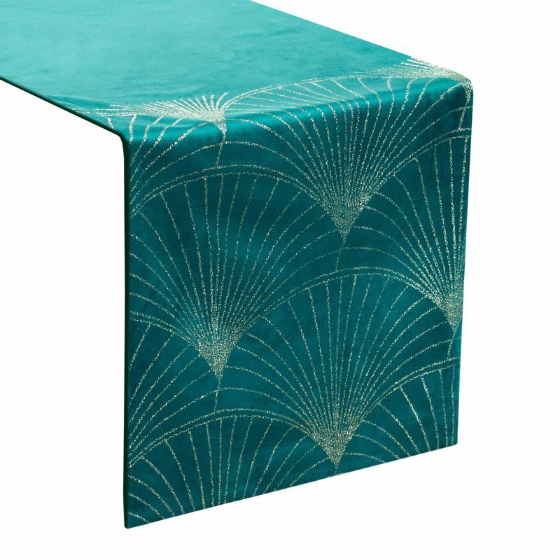 Bieżnik BLINK 14 Eurofirany 35 x 140 cm welwetowy turkusowy z dużym wzorem wachlarzy w stylu art deco 1 szt.
