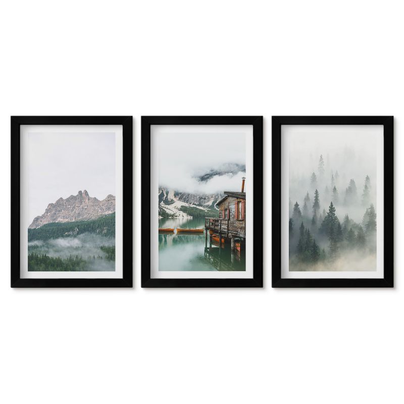 Zestaw 3 obrazów w czarnych ramach Tulup 20x30 cm Góry jezioro chata mgła Obrazy nad biurko zestaw czarna rama 1 kpl