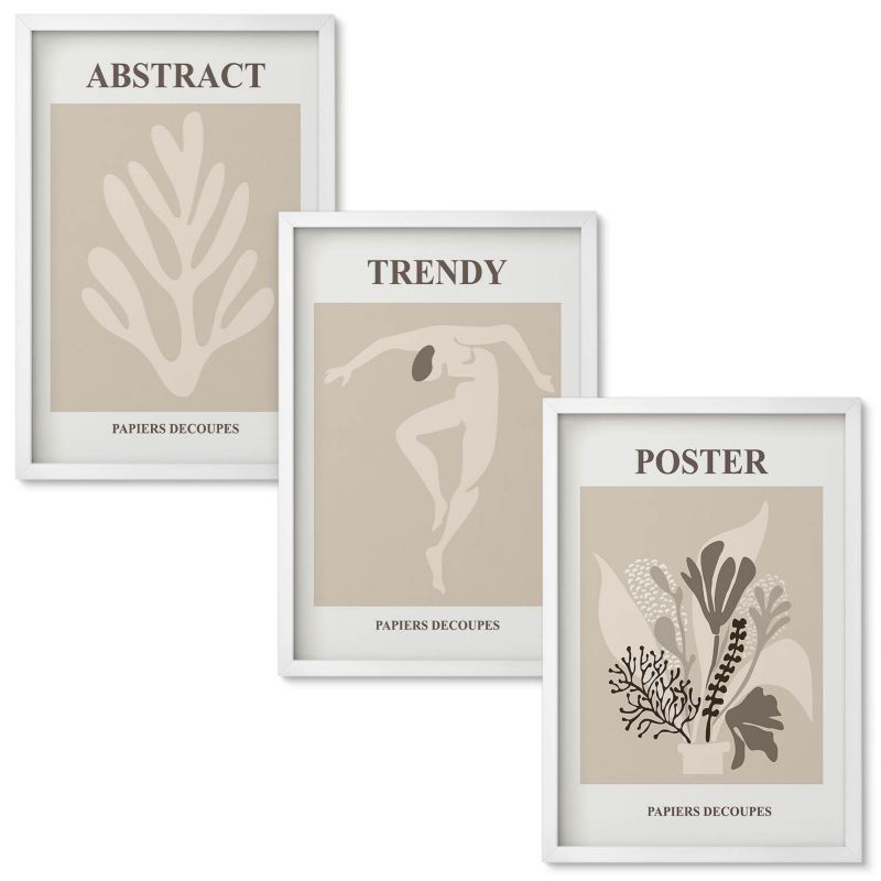 Obrazy Do Sypialni Wallfluent Roślinne wzory beż brąz Biała rama 40x60 cm 3 szt.