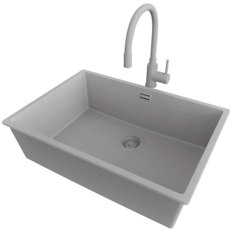 Zlewozmywak podblatowy Londyn PRIMAGRAN 66x47cm do Szafki od 70cm, Cały Szary + Bateria 38x14cm + Syfon, S418, 1 szt.