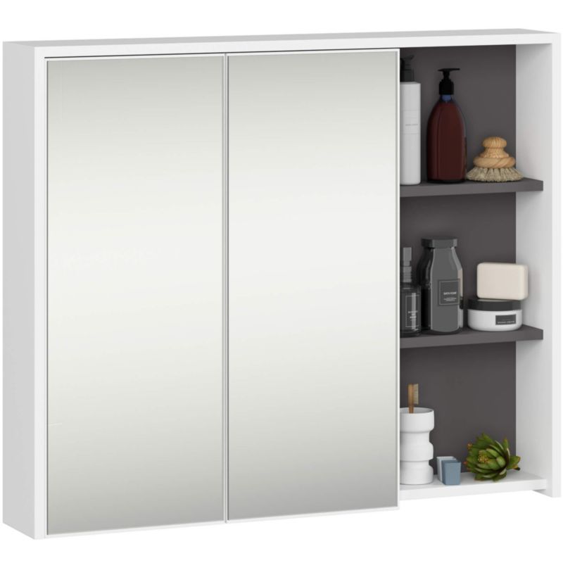 Szafka łazienkowa wisząca z lustrem AKORD VAMI Biała, Grafit Szary 90 cm 2 drzwi 6 półek 90x75x15 cm 1 szt.