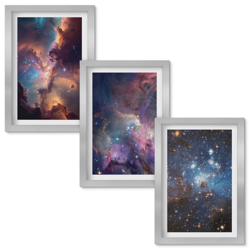 Zestaw obrazów Wallfluent Kosmiczne pejzaże gwiazd Srebrna rama 20x30cm 3 szt.
