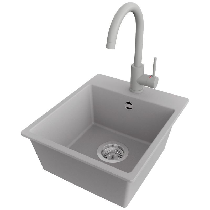 Zlewozmywak Granitowy Ryga Easy PRIMAGRAN Nablatowy 38x44cm do Szafki od 40cm, Szary + Bateria 32x20cm + Syfon, S015, 1 szt.