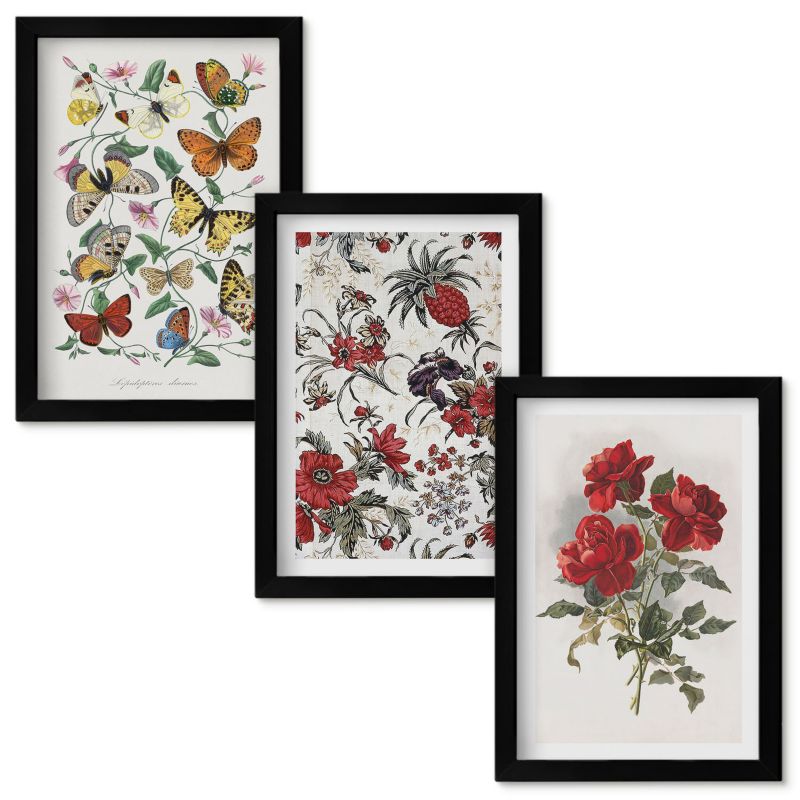Set Obrazów w Ramie Wallfluent Motyle kwiaty czerwone róże Czarna rama 20x30cm 3 szt.
