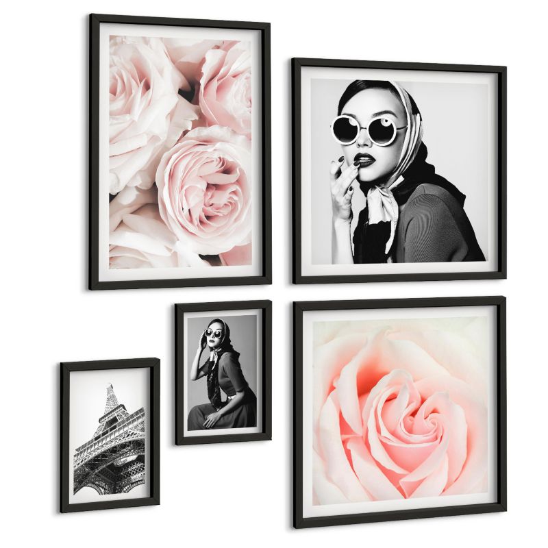 Galeria 5 Obrazów ArtPrintCave (2x50x50+2x20x30+40x60cm) Czarna rama Kwiaty piwonie róże elegancja 1 kpl.